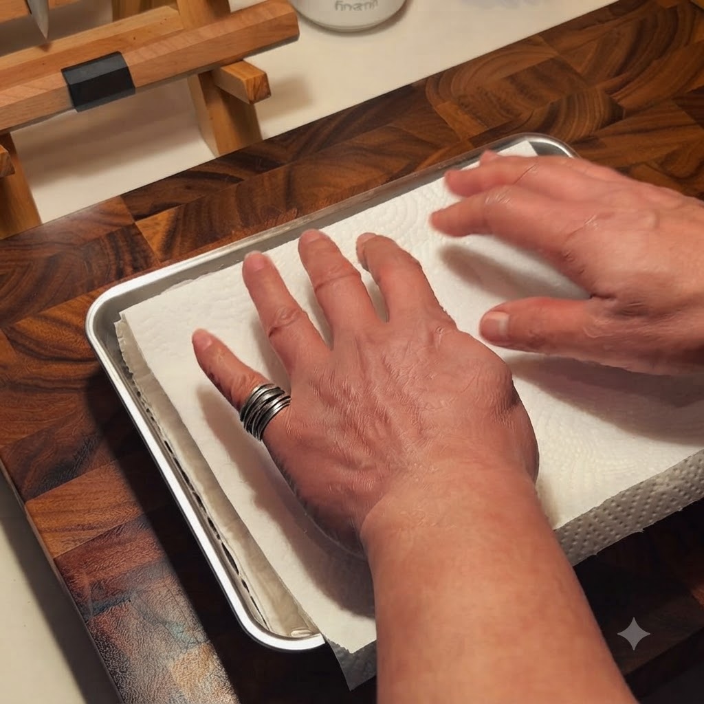 Travers de porc séchés avec du papier absorbant dans un plateau.