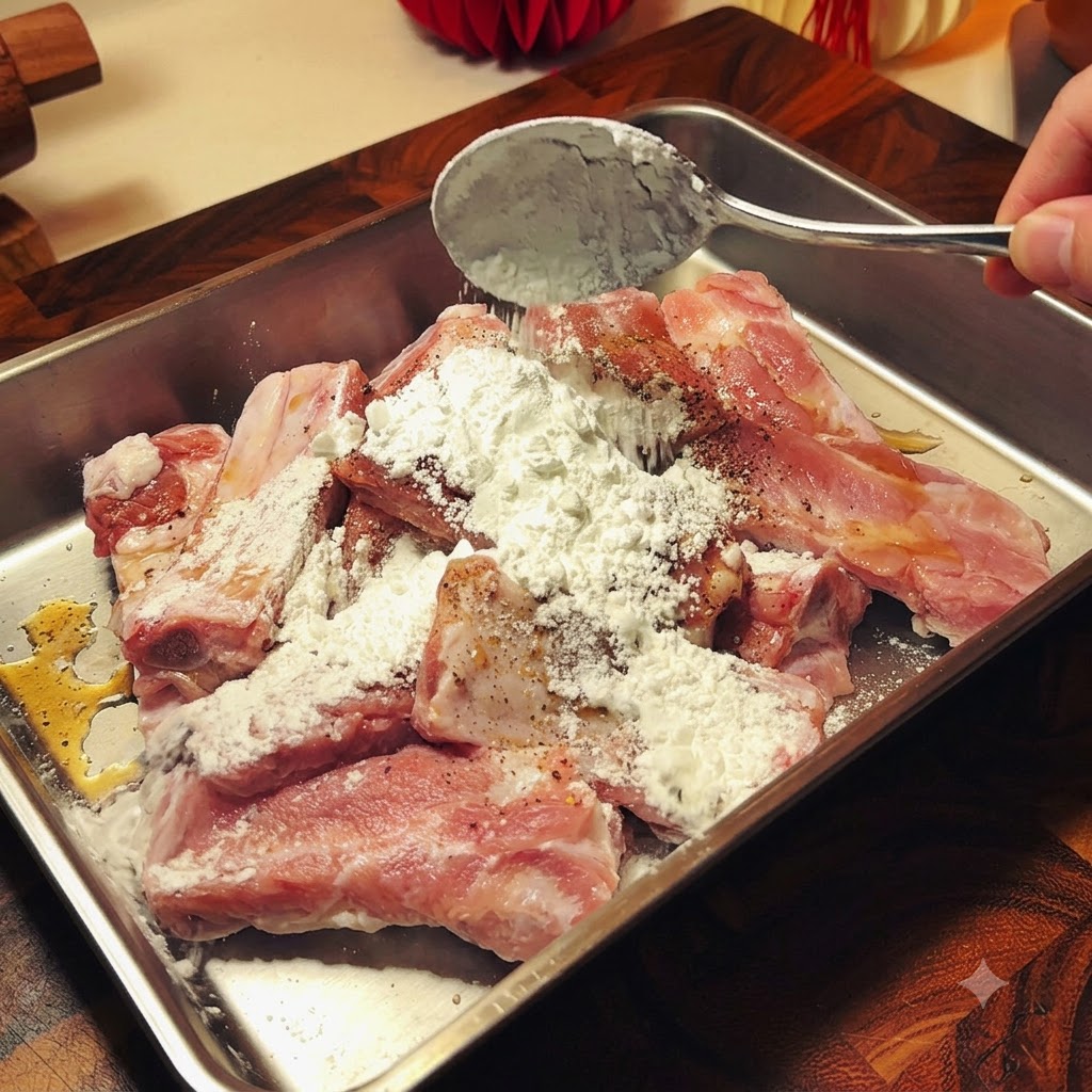 Ajout dassaisonnements, de fécule et dun œuf sur les travers de porc crus dans un plateau en métal.