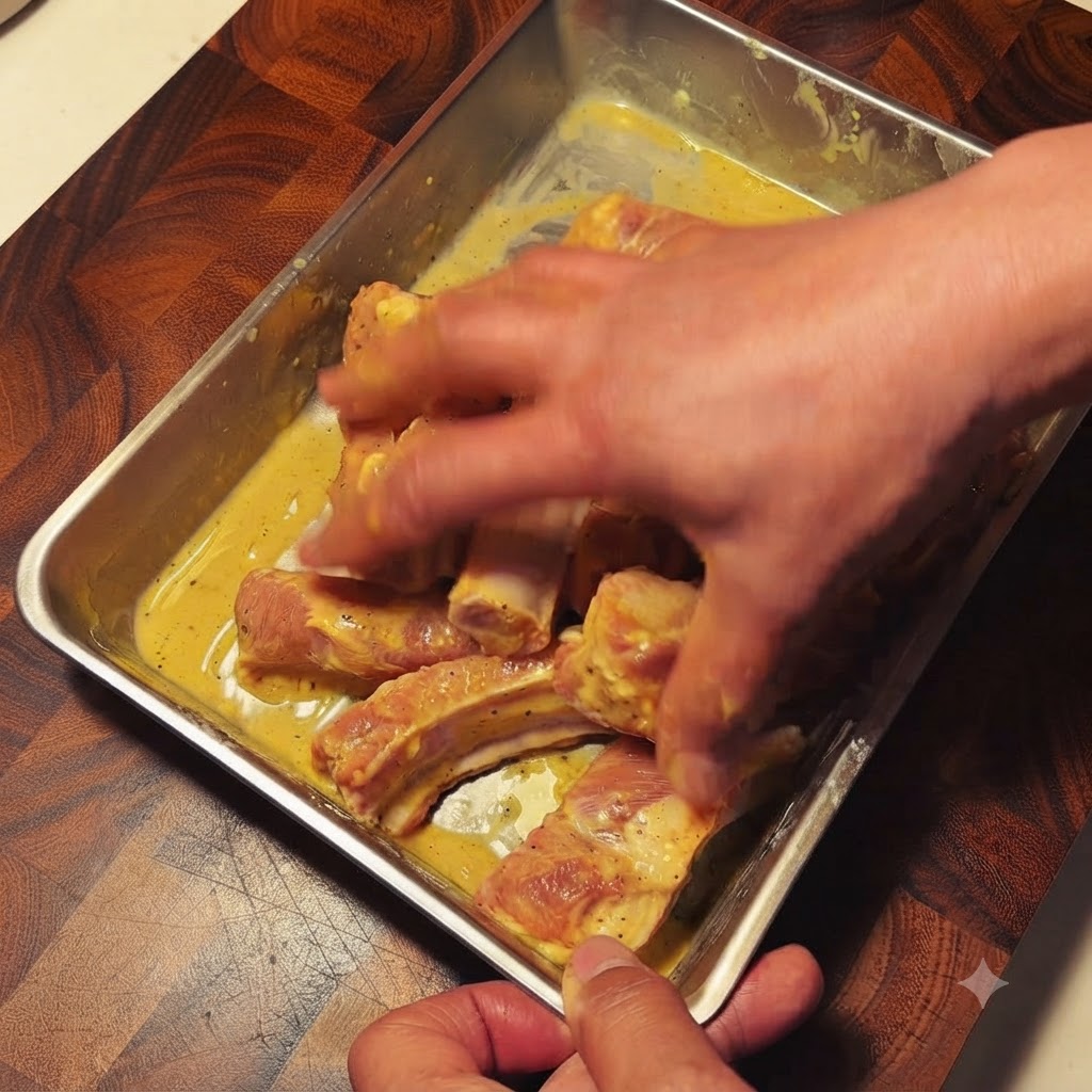 Mains mélangeant soigneusement les assaisonnements et les ingrédients avec les travers de porc.