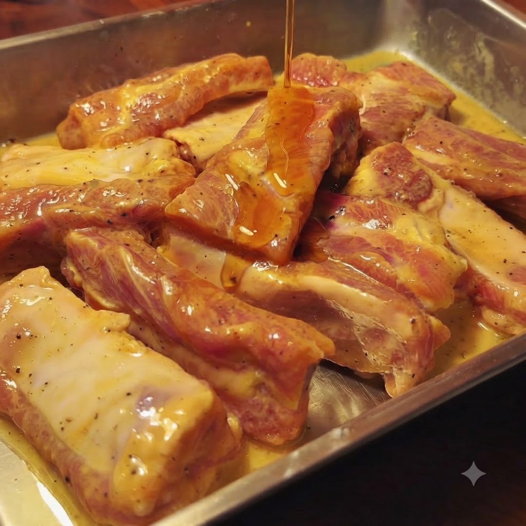 Versant de lhuile de sésame sur les travers de porc marinés.