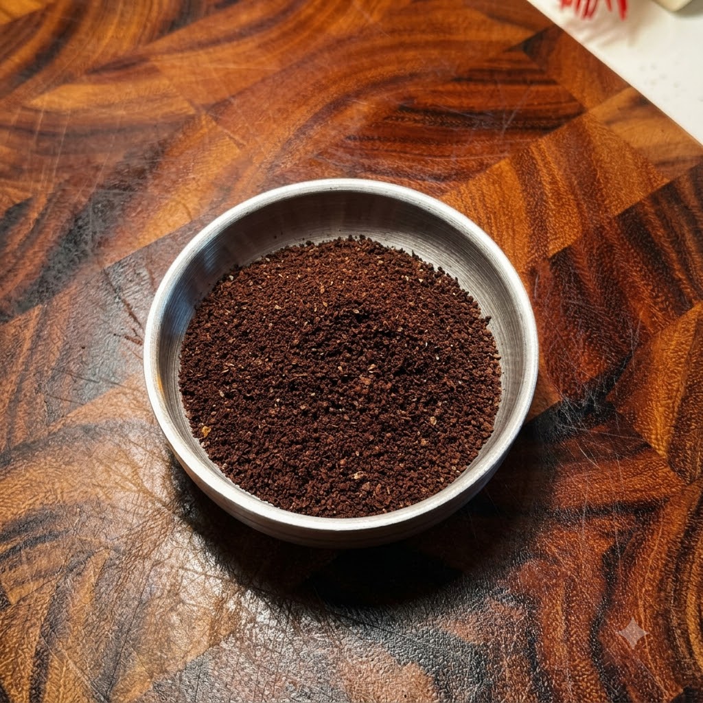 Poudre de café fraîchement moulu versée dun moulin manuel dans un petit bol en métal.