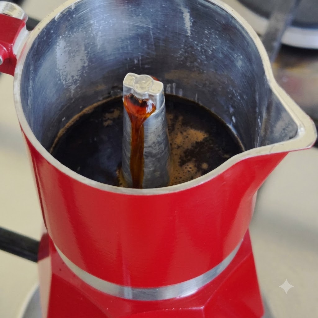 Café noir frais sécoulant à travers la colonne centrale en métal dune cafetière italienne rouge.