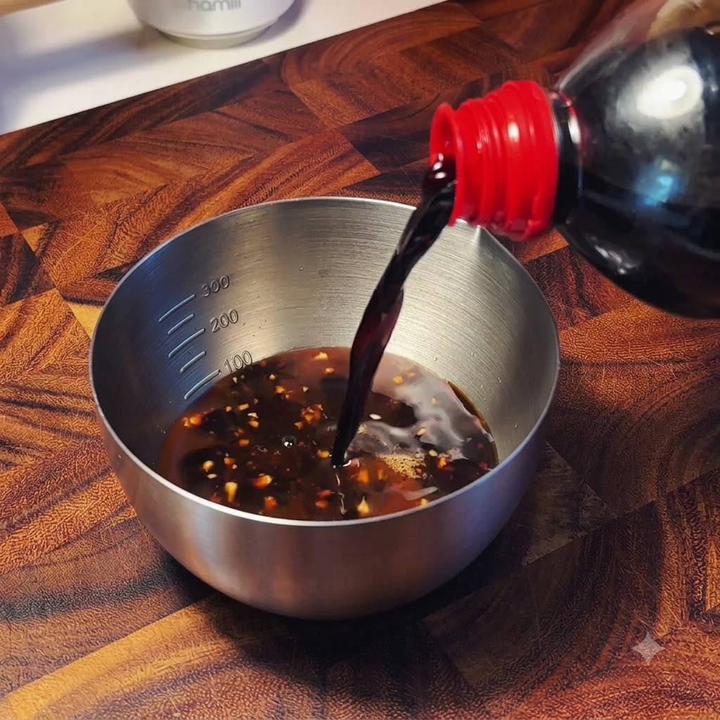Sauce soja foncée versée dune bouteille dans un bol en acier inoxydable rempli de liquide mélangé et dassaisonnements.