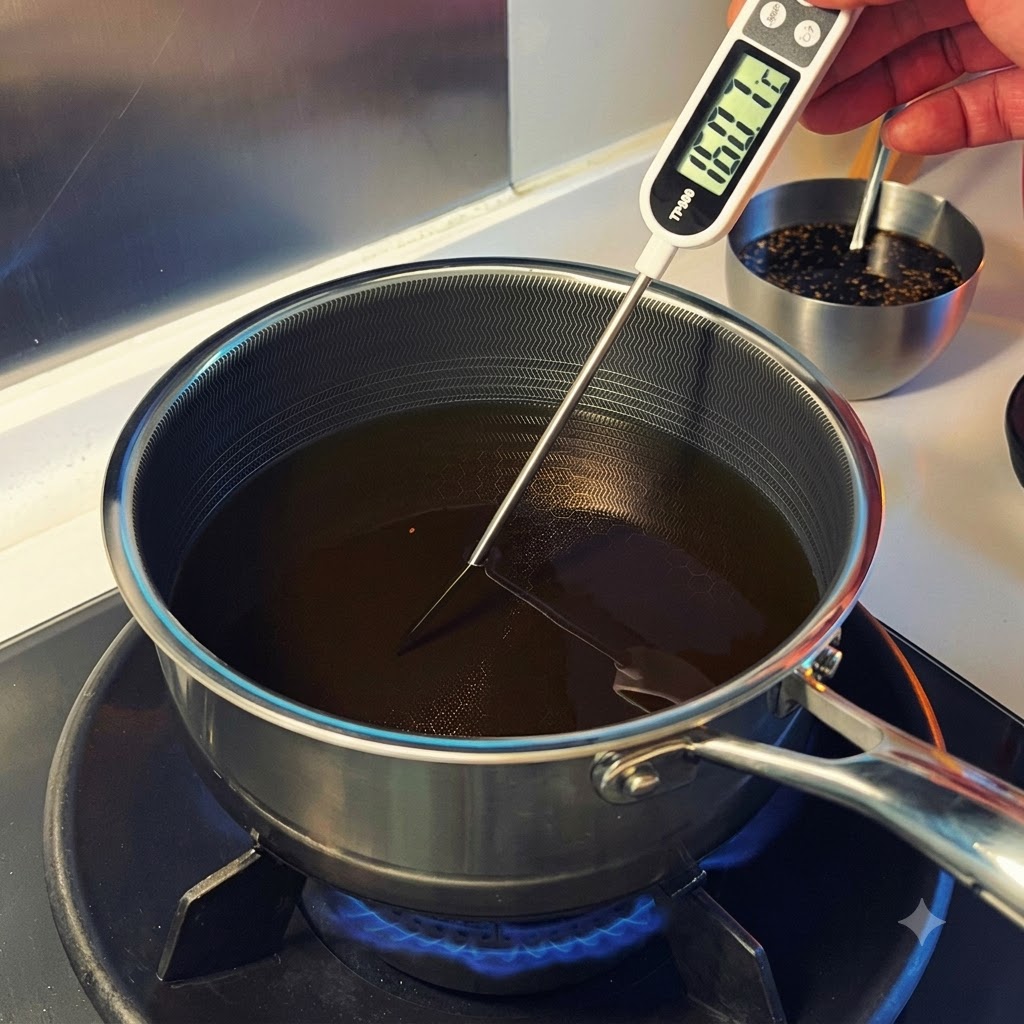 Thermomètre de cuisine numérique mesurant lhuile chaude à lintérieur dune casserole profonde sur un feu de cuisson.