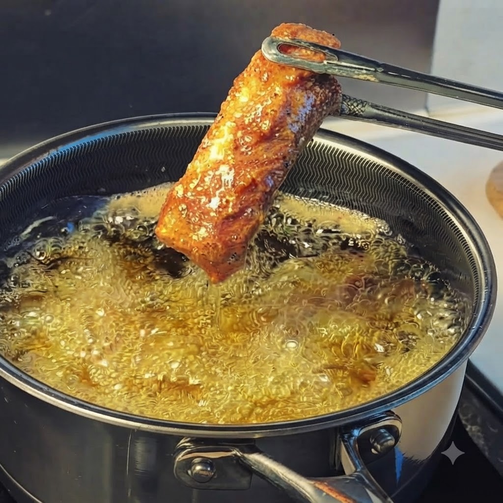 Un seul morceau de travers de porc frit doré tenu au-dessus de lhuile chaude bouillonnante avec des pinces en métal.