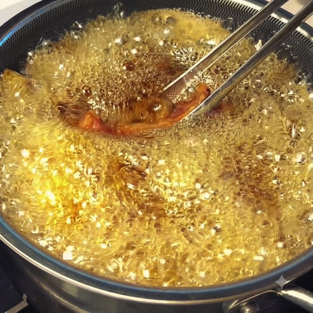 Travers de porc submergés dans de lhuile chaude bouillonnante pendant létape de re-friture à haute température.