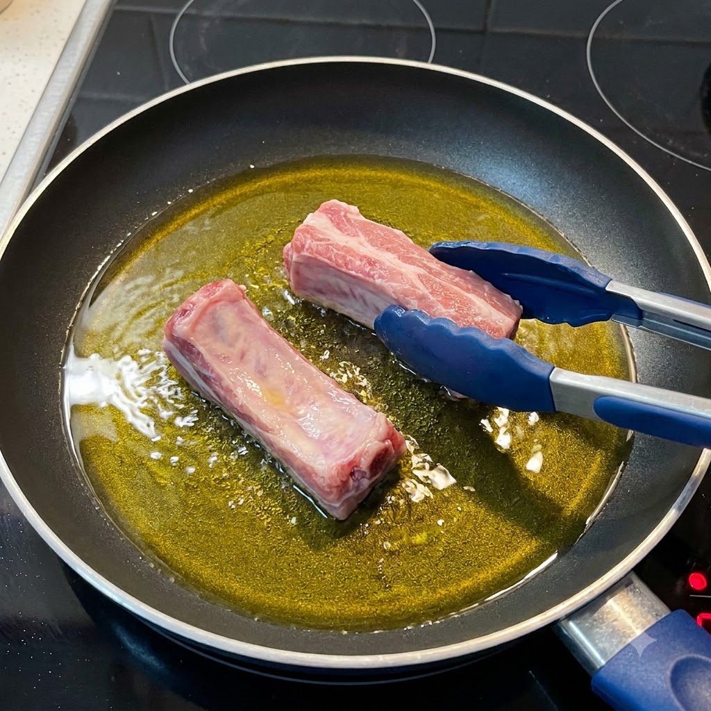 Des pinces en silicone bleu plaçant des morceaux de travers de porc marinés dans une poêle chaude remplie dhuile dolive.