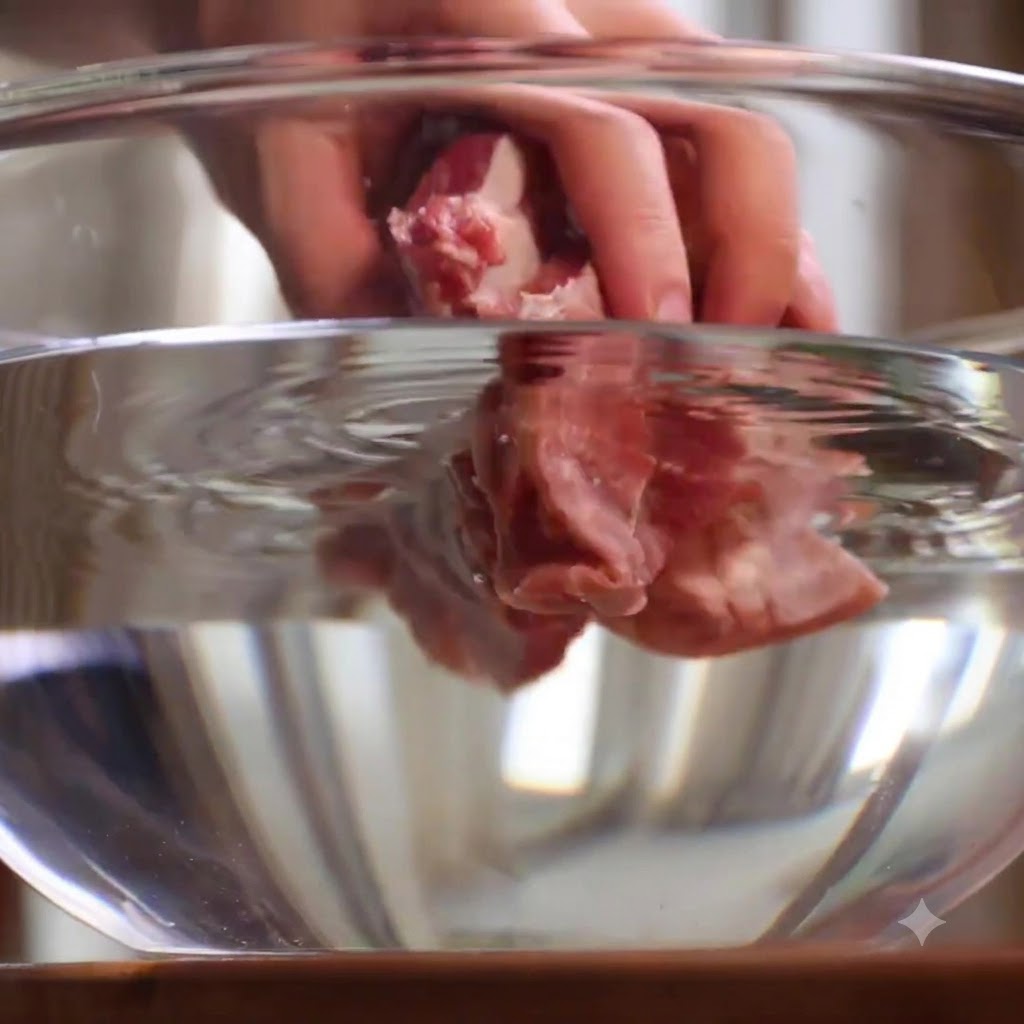 Travers de porc frais submergés dans un bol en verre transparent rempli deau propre.