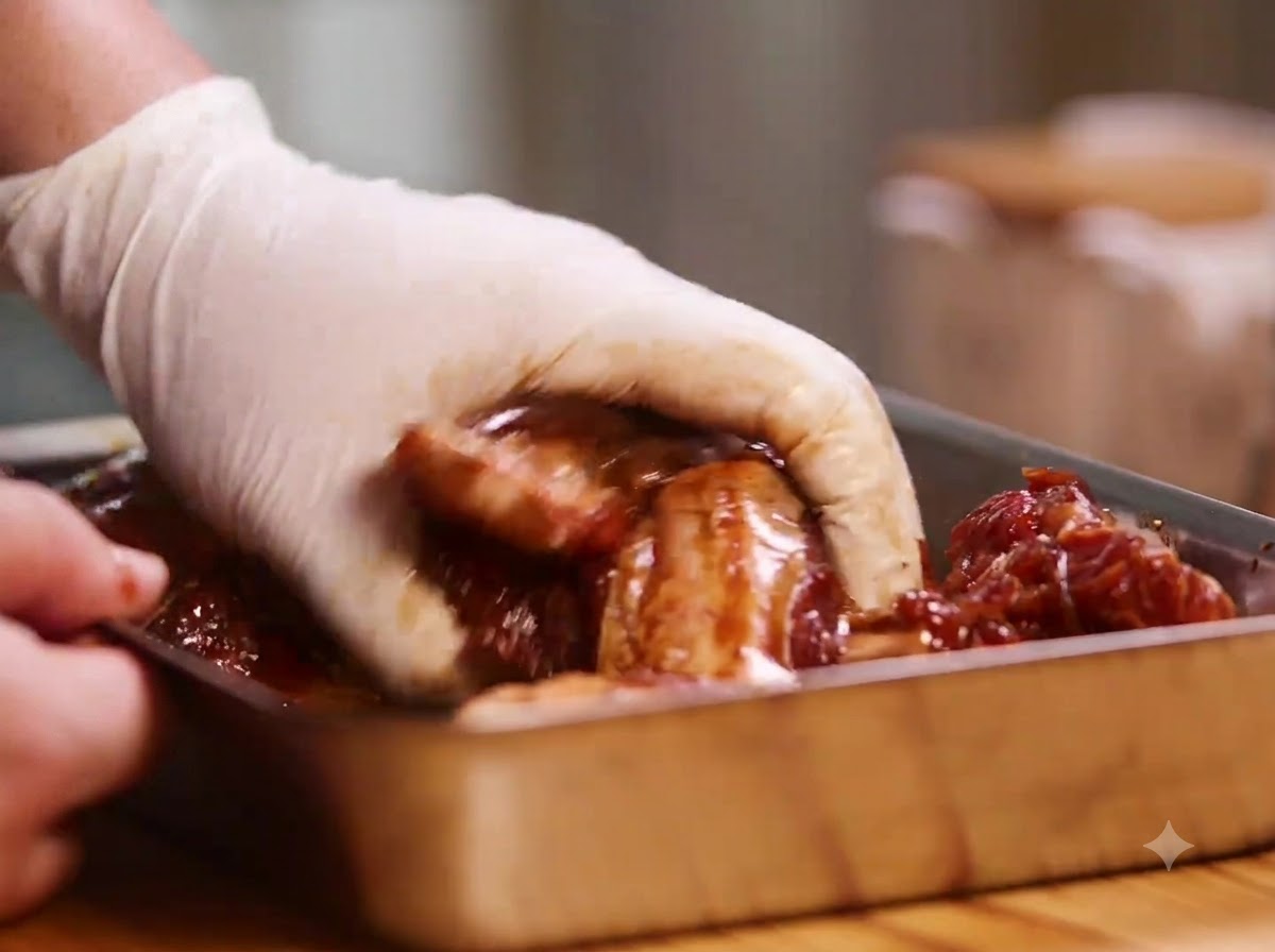 Mains gantées massant la marinade foncée et lespresso dans les travers de porc à lintérieur dun récipient en métal.