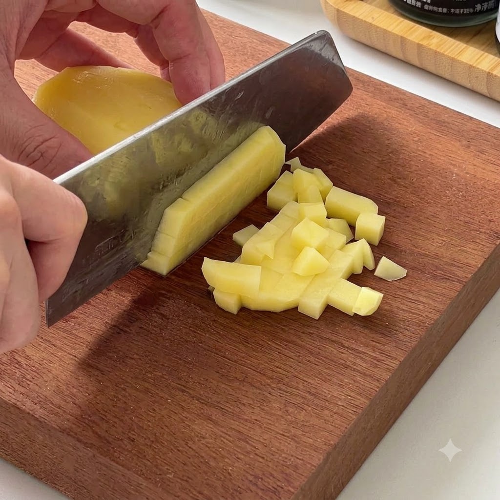 Une pomme de terre jaune épluchée coupée en petits cubes avec un hachoir sur une planche à découper en bois.