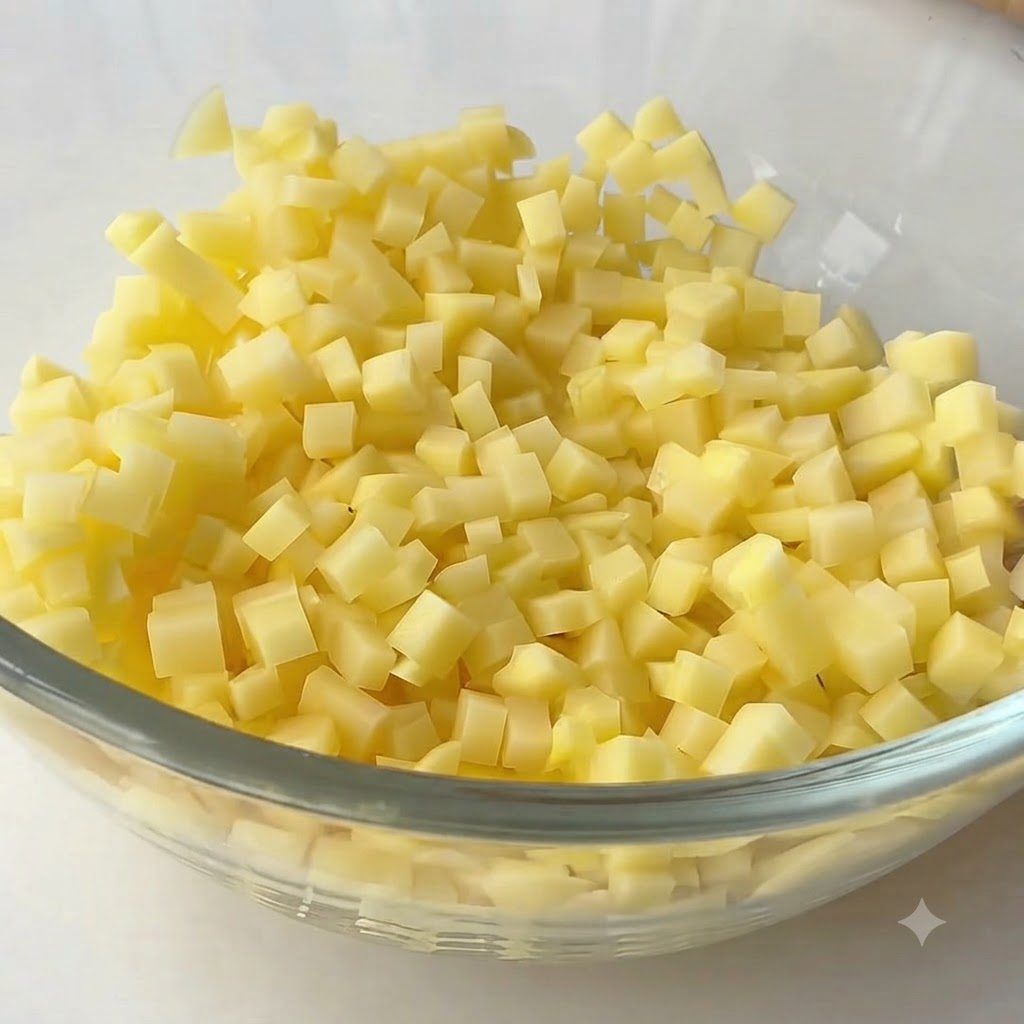 Des pommes de terre en dés trempant et étant lavées par une main gantée dans un bol deau claire.