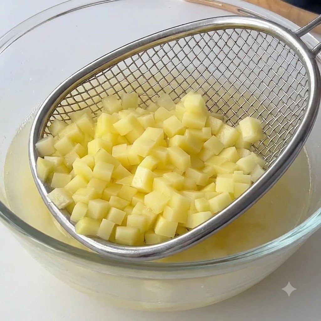 Des pommes de terre en dés versées dans une poêle blanche où le beurre est en train de fondre.