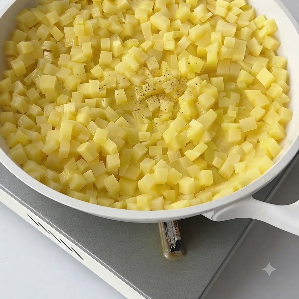 Du poivre noir et de la sauce à la truffe noire ajoutés aux pommes de terre dans la poêle.