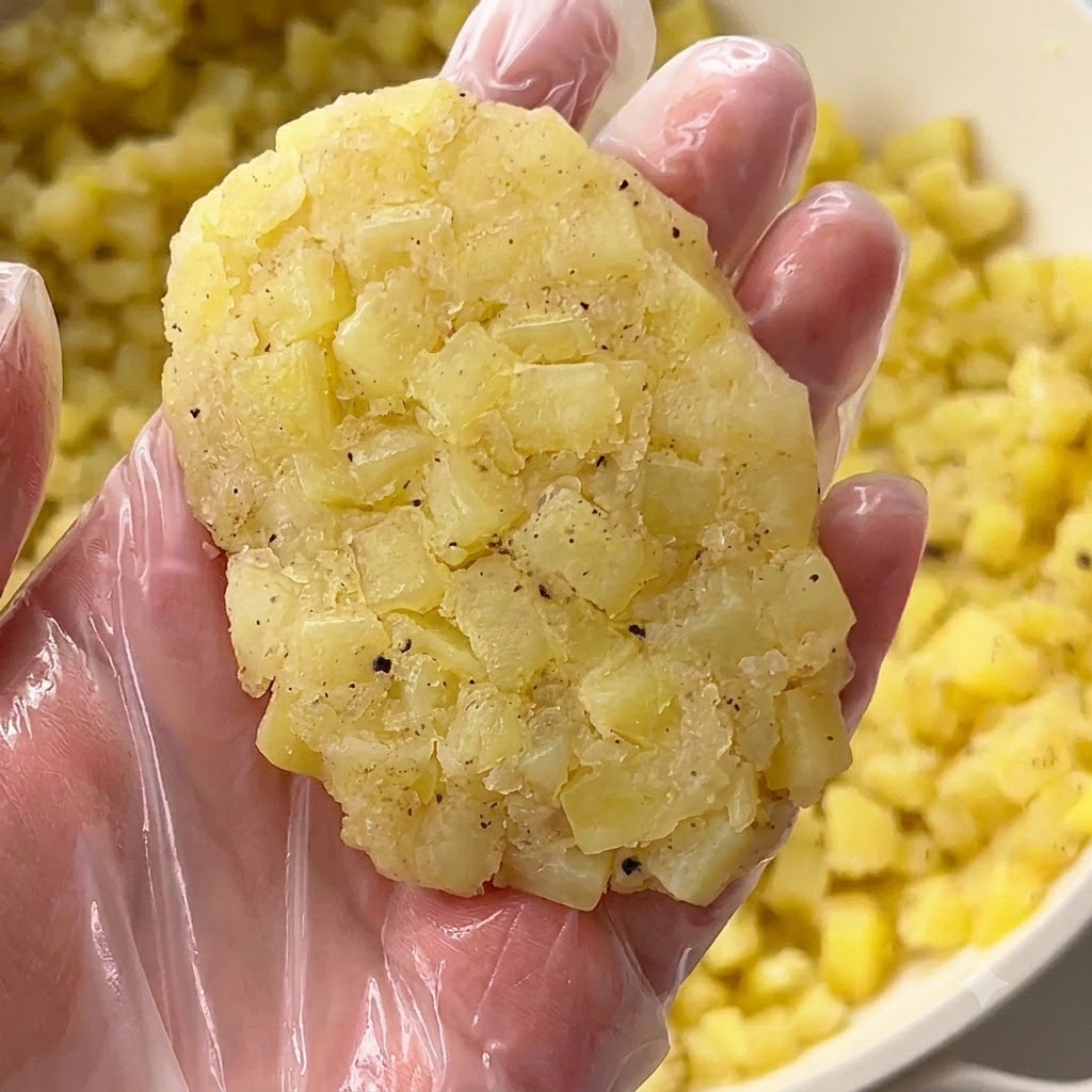 Des mains gantées façonnant le mélange de pommes de terre en une galette ovale.