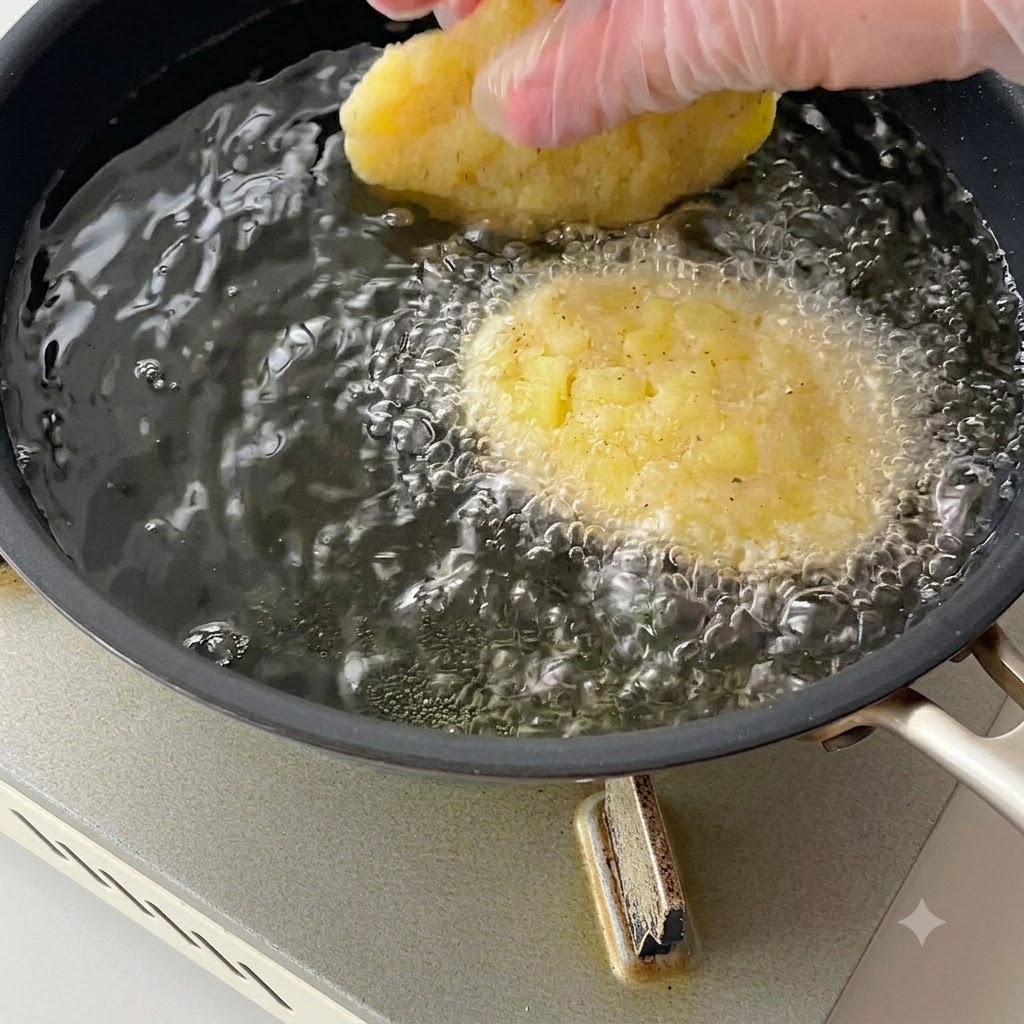 Des galettes de pommes de terre façonnées jetées dans de lhuile chaude bouillante dans une poêle à frire.