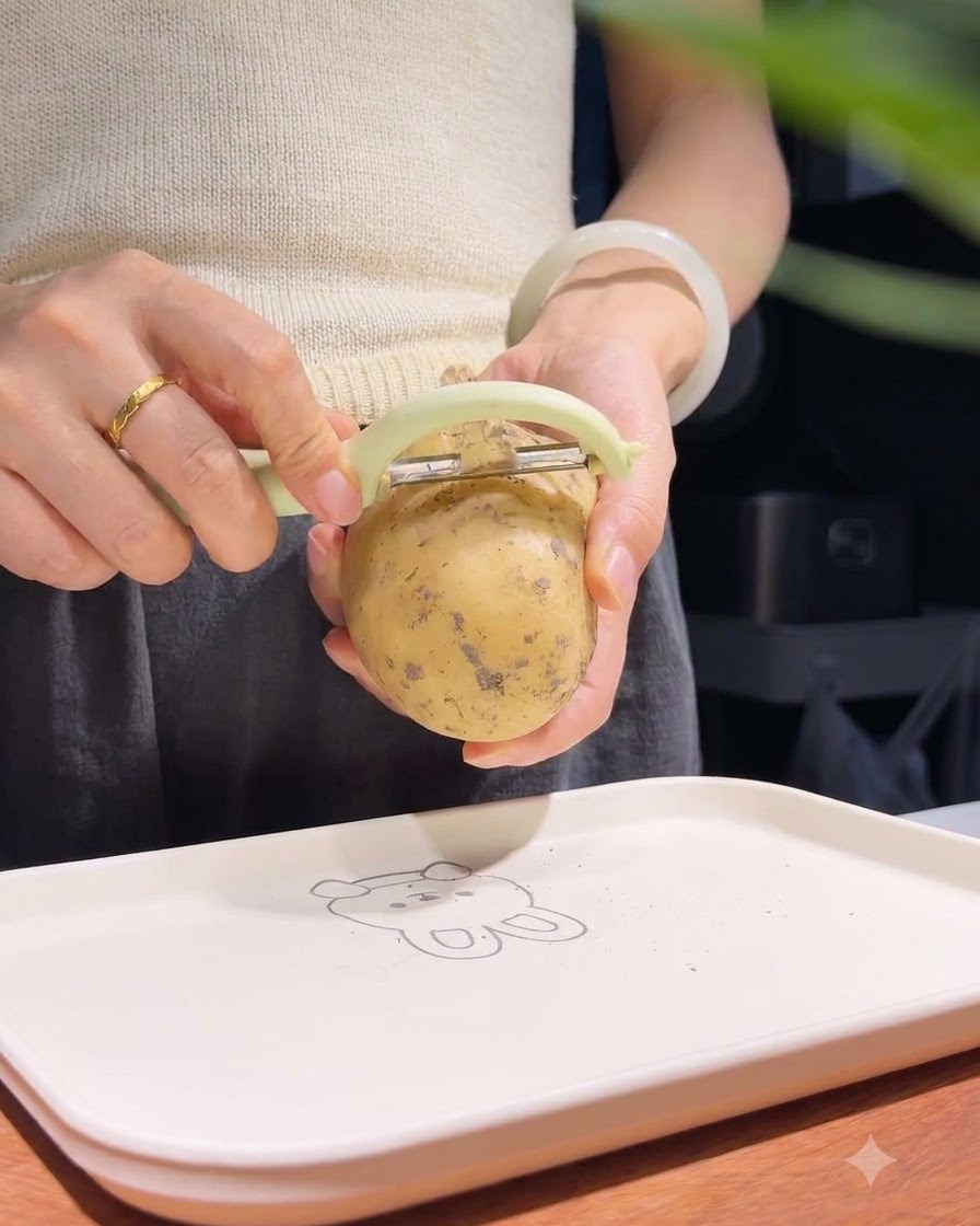 Gros plan de mains tenant une pomme de terre crue et en retirant la peau à laide dun économe vert.