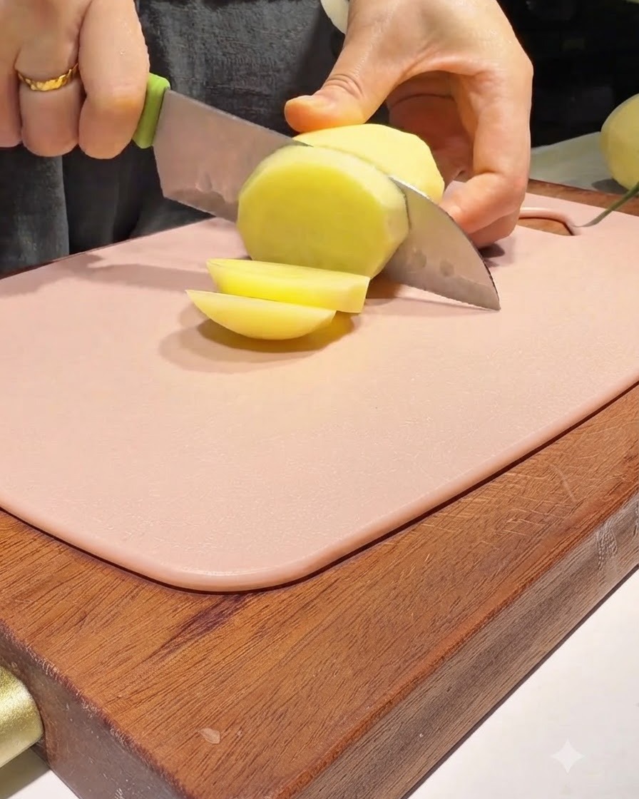 Un couteau de cuisine coupant une pomme de terre épluchée en rondelles épaisses sur une planche à découper rose.