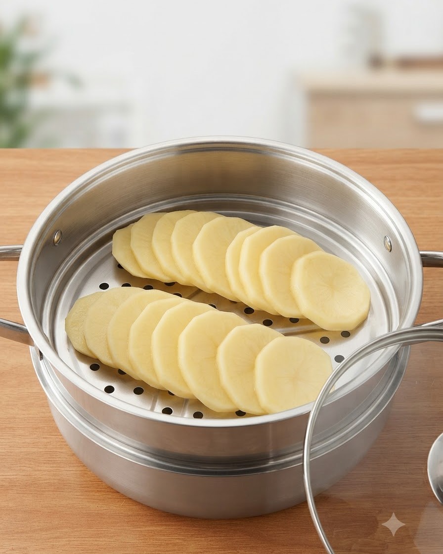 Tranches de pommes de terre épaisses disposées soigneusement dans un panier vapeur en acier inoxydable.