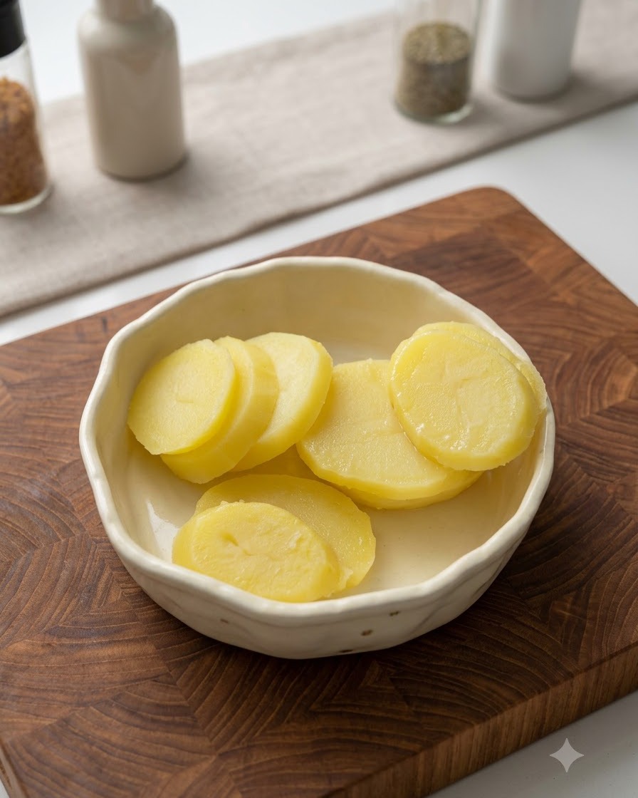 Tranches de pommes de terre cuites à la vapeur dans un bol en céramique en train dêtre écrasées avec un écrase-purée en plastique vert.