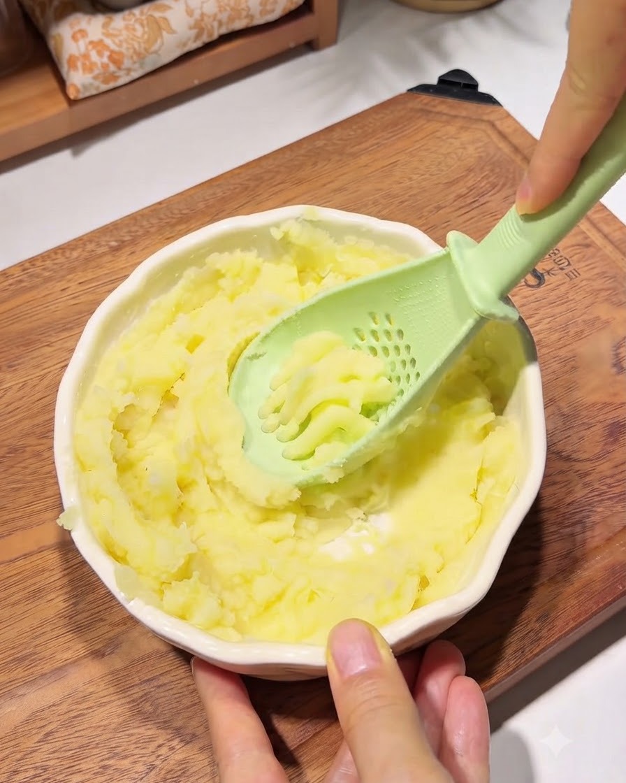 Poudre de fécule incorporée à de la purée de pommes de terre dans un bol à laide dustensiles.