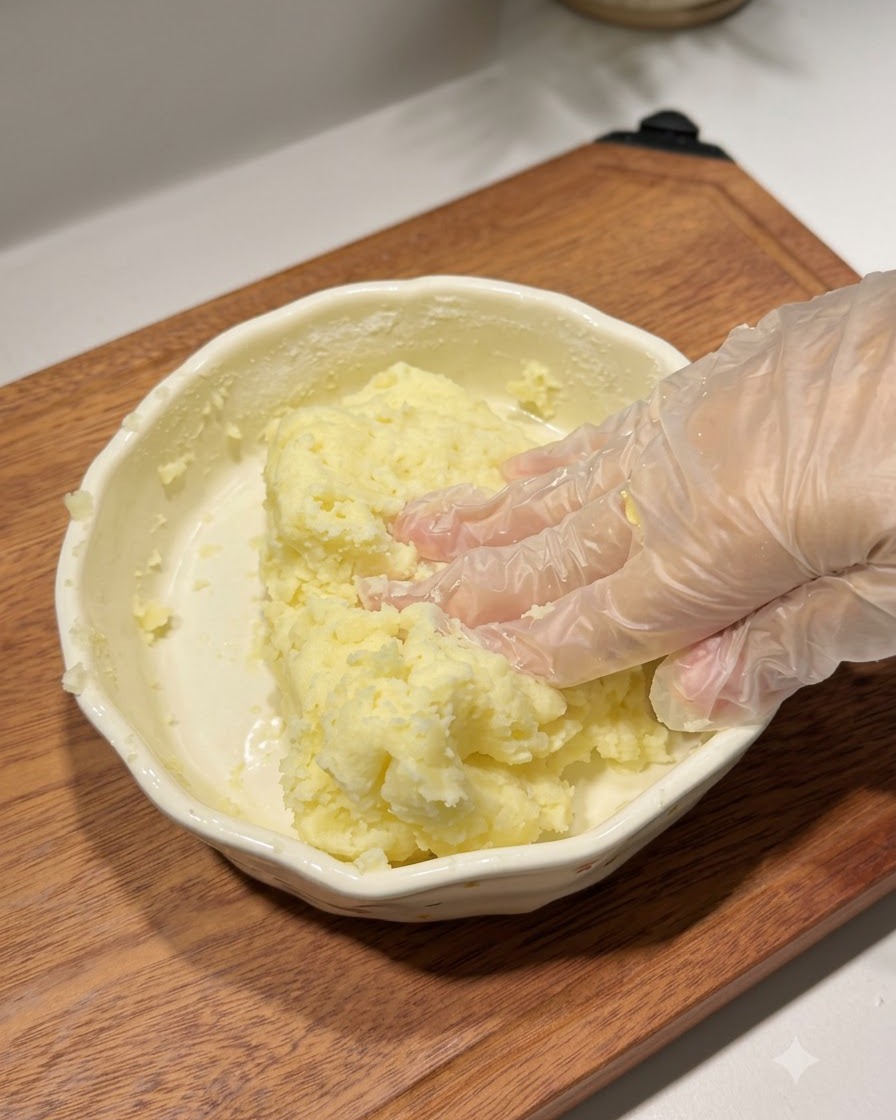 Mains portant des gants en plastique pétrissant un mélange de pâte de pommes de terre et de fécule dans un bol en céramique.