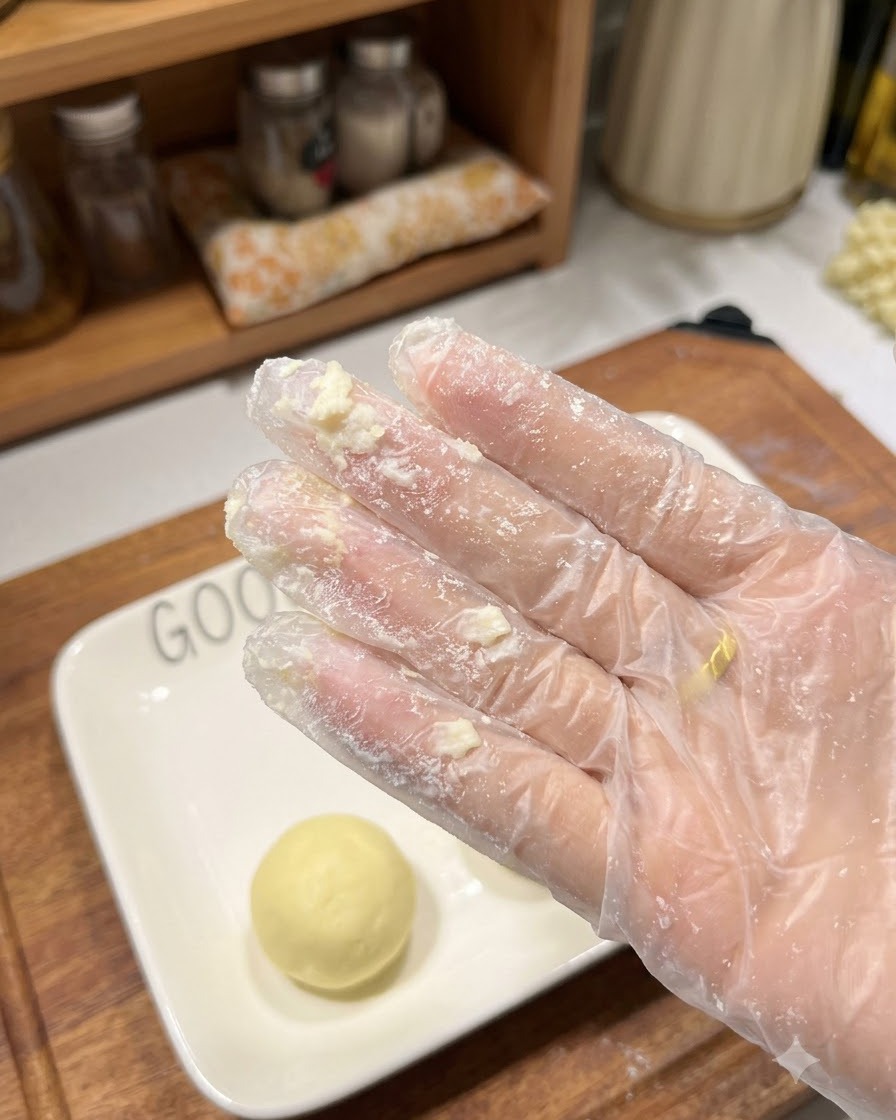 Une petite boule ronde et uniforme de pâte de pommes de terre posée sur une assiette blanche carrée à côté dune main gantée couverte de fécule.