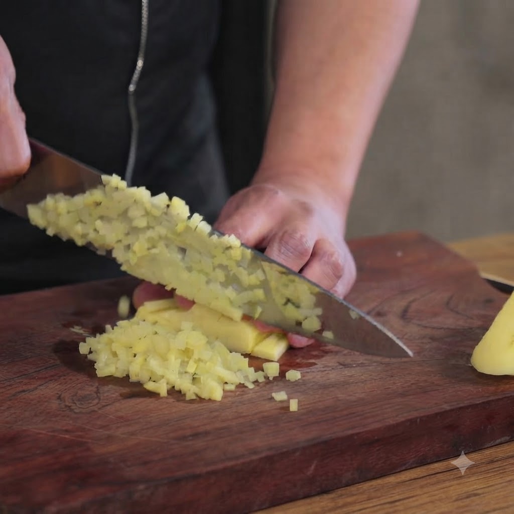 Un couteau de cuisine coupant des pommes de terre épluchées en petits dés sur une planche en bois.