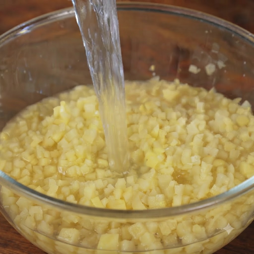 De leau versée dans un bol rempli de dés de pommes de terre pour les rincer.