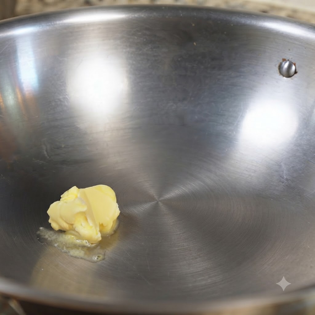Un morceau de beurre jaune en train de fondre dans un wok en acier inoxydable.
