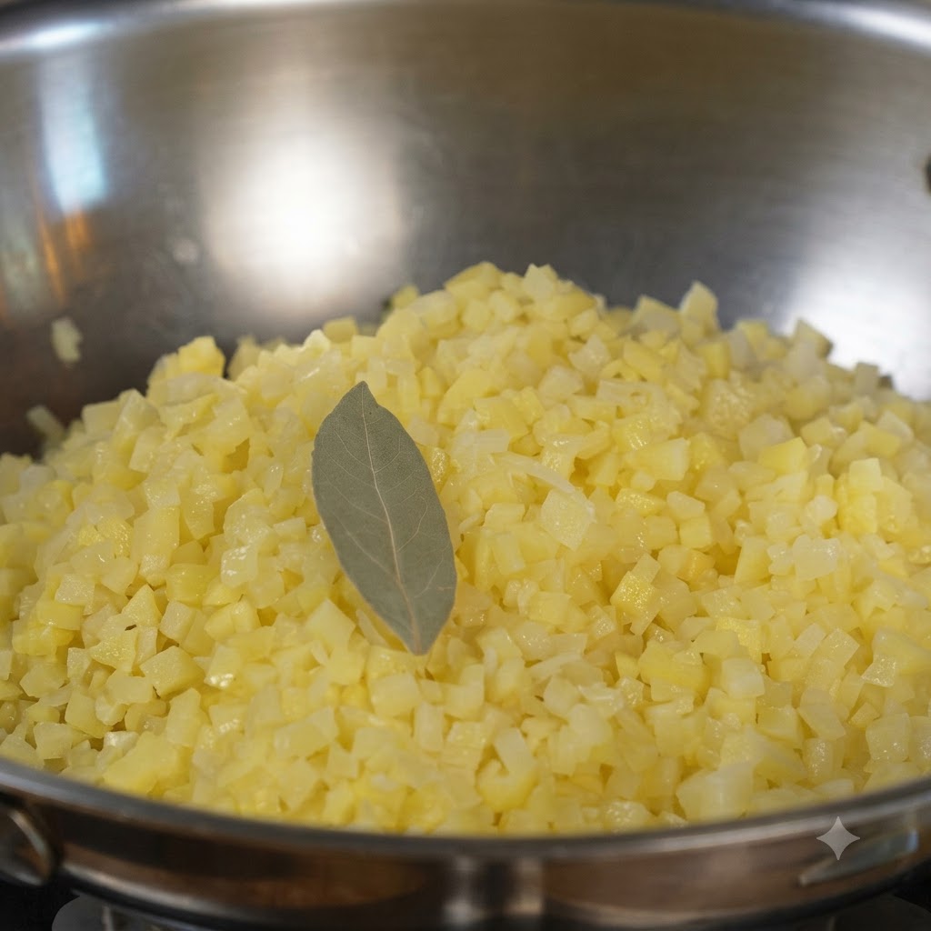 Des dés de pommes de terre sautant dans une poêle avec une feuille de laurier, du poivre noir et du sel.