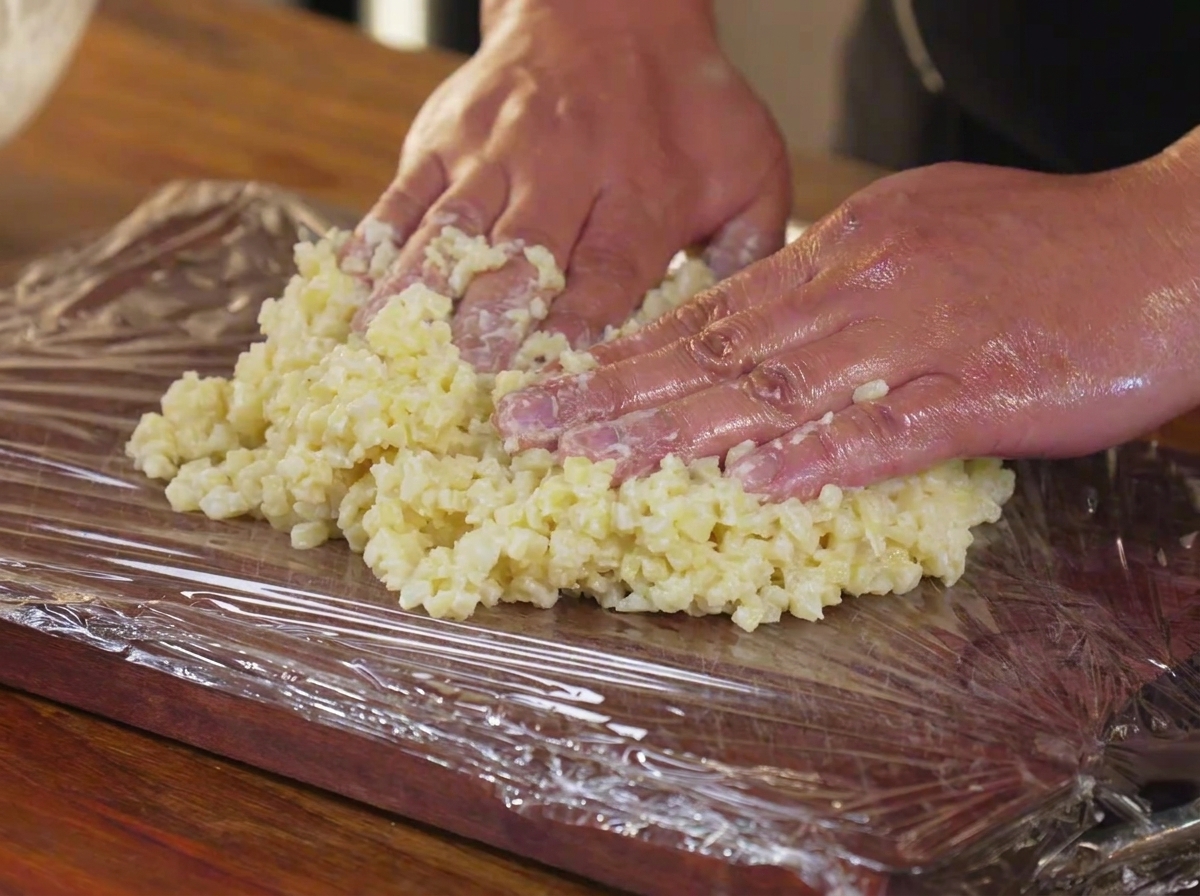 Des mains aplatissant le mélange de dés de pommes de terre et de fécule sur une planche à découper recouverte de film plastique.