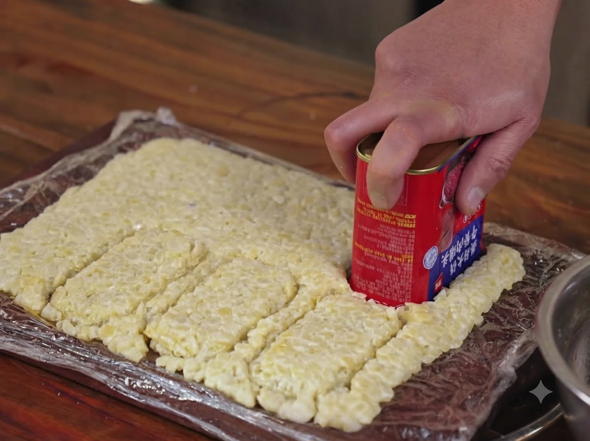 Une main utilisant une boîte de conserve métallique rouge pour découper des formes de galettes rectangulaires dans la couche de pommes de terre aplatie.