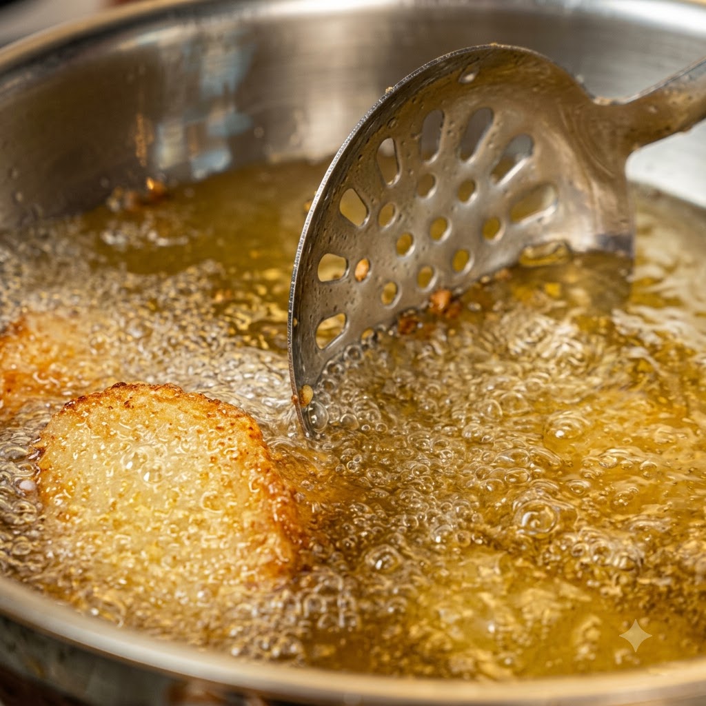 Une écumoire soulevant une galette de pommes de terre dorée et croustillante hors de lhuile de cuisson bouillante dans un wok.
