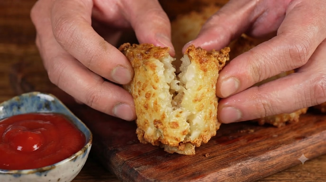 Galettes de pommes de terre croustillantes maison tout juste frites, fendues pour révéler leur intérieur tendre et servies avec du ketchup.