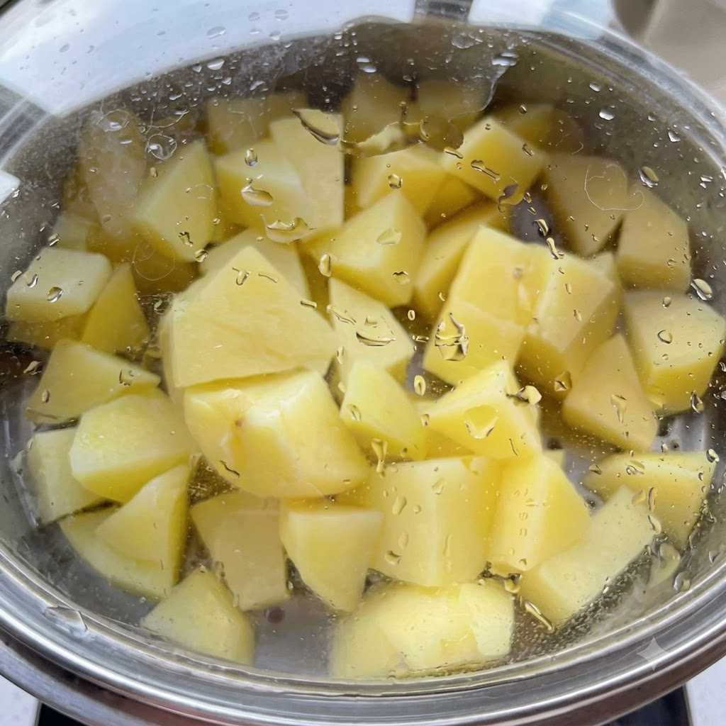 Morceaux de pommes de terre cuisant à lintérieur dune casserole en verre couverte avec de la condensation sur le couvercle.
