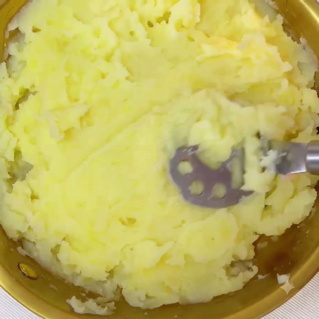 Pommes de terre réduites en purée lisse à lintérieur dun bol doré à laide dun presse-purée manuel.