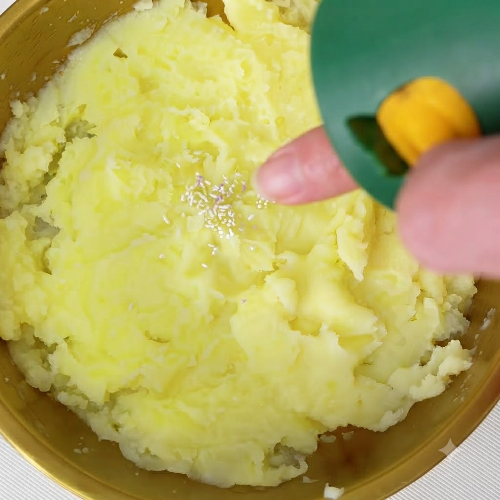 Du sel de fruits et légumes versé depuis un contenant vert à la surface de la purée de pommes de terre.