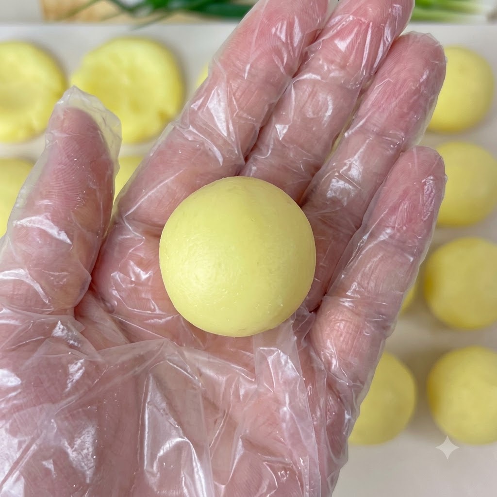 Une main portant un gant en plastique tenant une boule ronde de purée de pommes de terre.