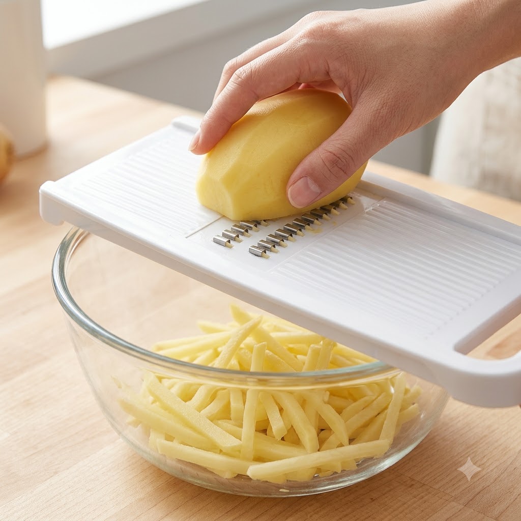 Une main faisant glisser une pomme de terre épluchée sur une mandoline blanche, faisant tomber des filaments de pommes de terre dans un bol en verre transparent en dessous.