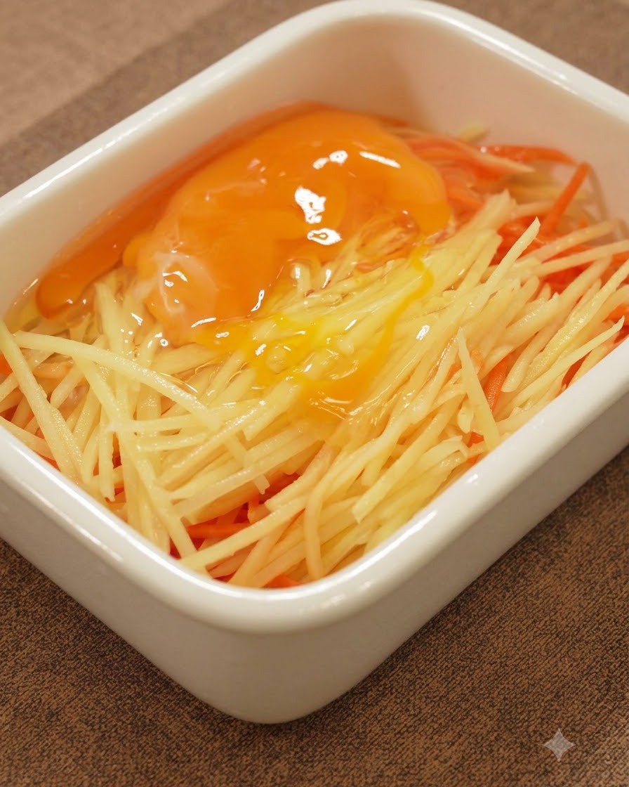 Des œufs frais cassés sur le dessus des pommes de terre et carottes râpées dans un récipient rectangulaire blanc.