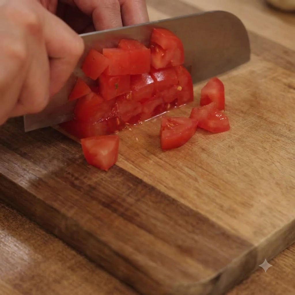 Une main utilisant un couteau de cuisine pour couper des tomates rouges en petits cubes sur une planche à découper en bois.