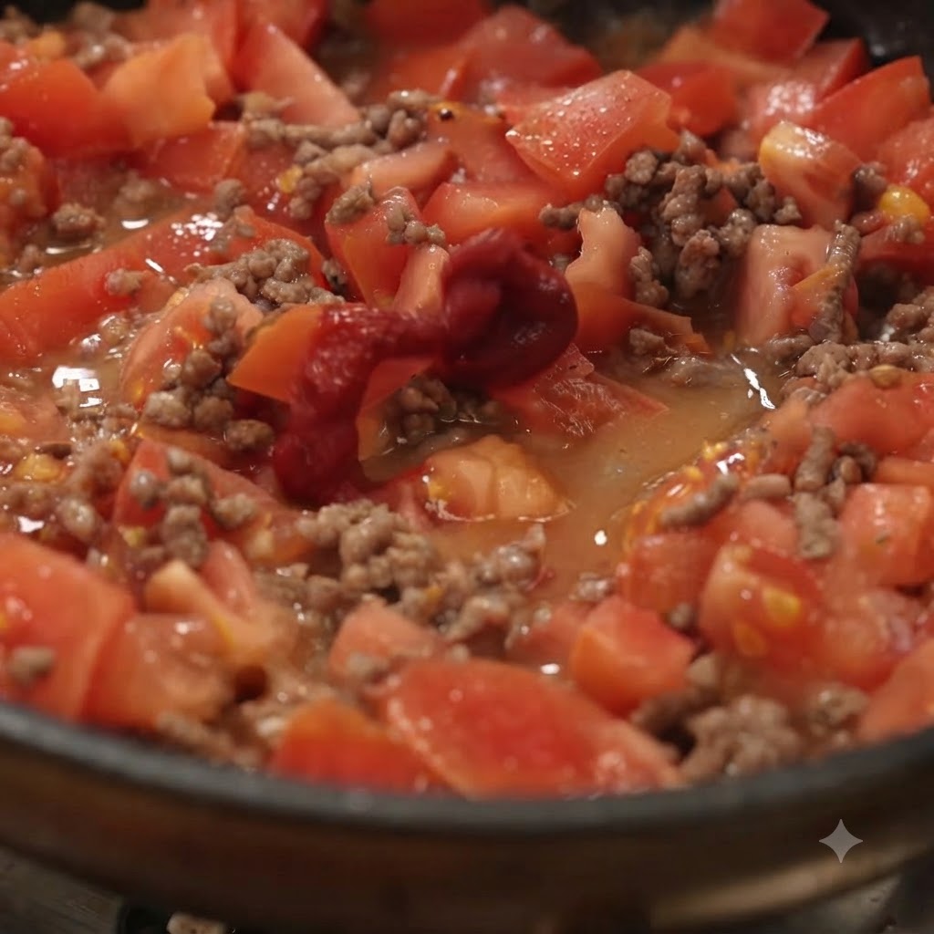 Des tomates hachées et du concentré de tomate mélangés à de la viande hachée cuite à lintérieur dune poêle.