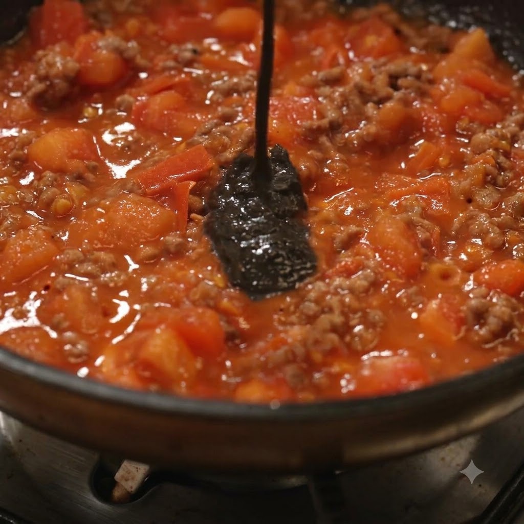 De la sauce à la truffe noire incorporée en remuant dans une sauce tomate et viande hachée mijotant dans une poêle.