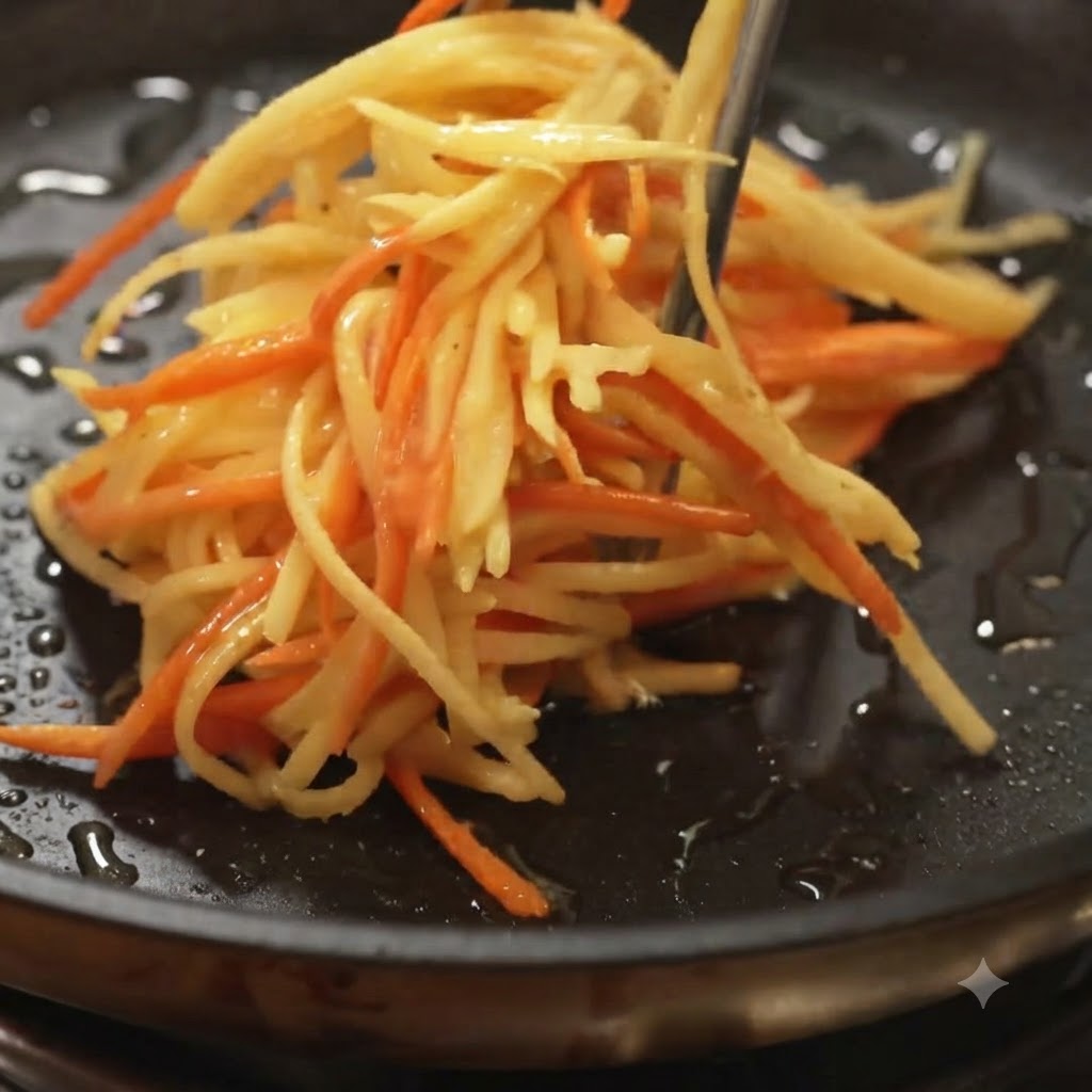 Un mélange de pommes de terre et carottes râpées placé dans une poêle chaude et huilée à laide de pinces.
