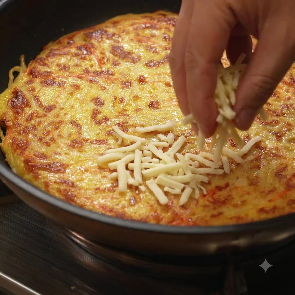 Une galette de pommes de terre dorée retournée dans une poêle à laide dune grande assiette.