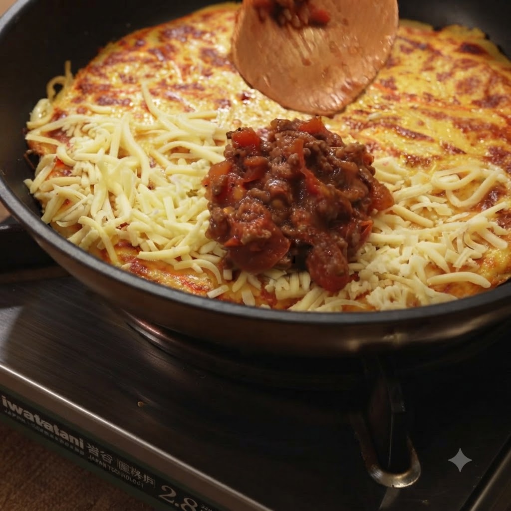 Du fromage râpé et de la sauce tomate à la viande disposés sur une moitié dune galette de pommes de terre dans une poêle.