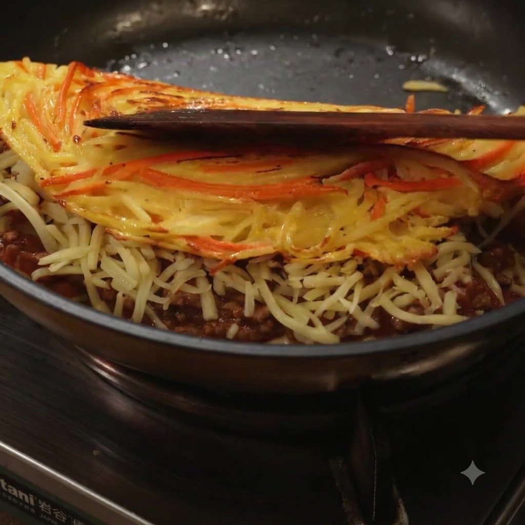 Une spatule repliant en deux une galette de pommes de terre dorée sur un lit de sauce à la viande et de fromage fondu.