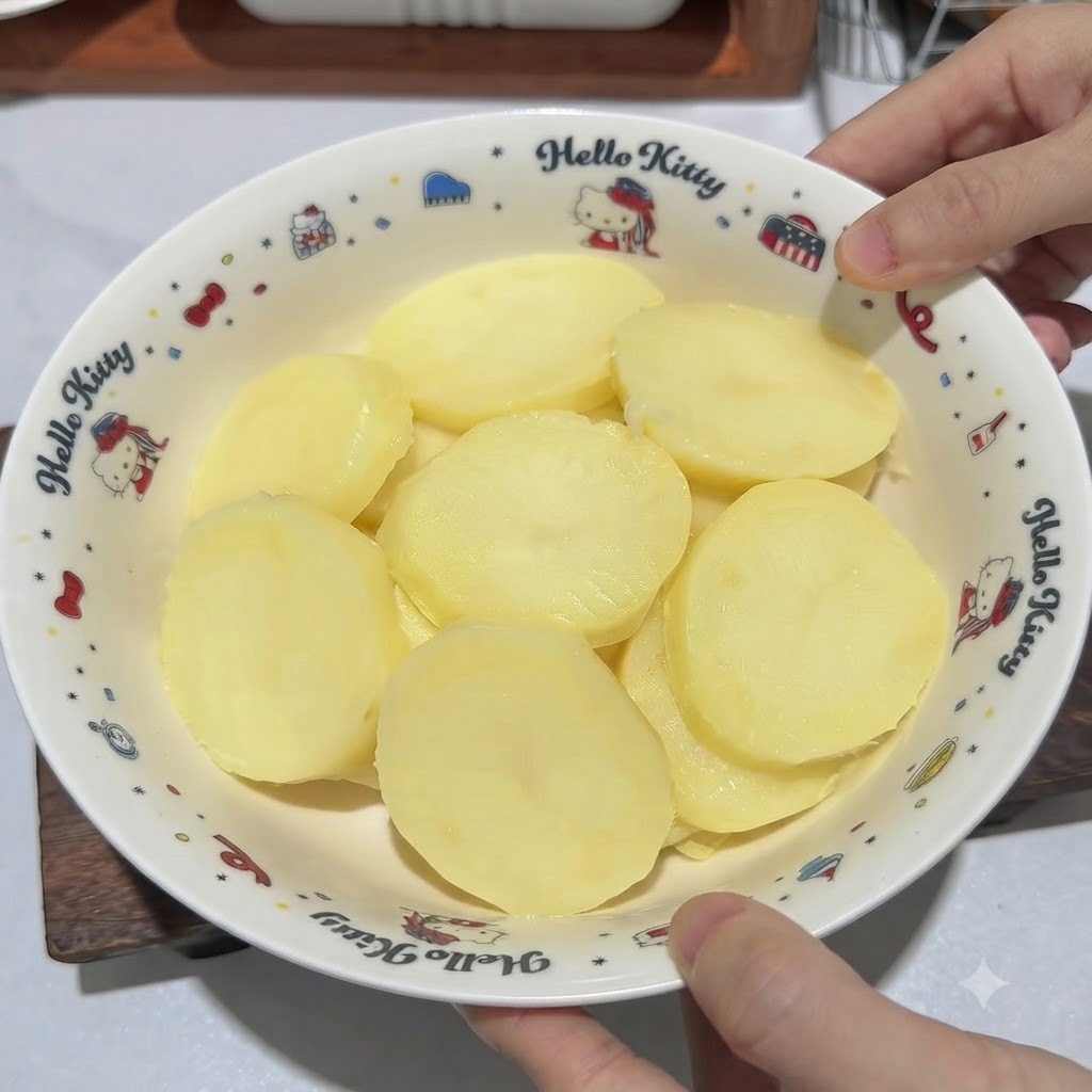 Pommes de terre cuites et pelées dans un bol blanc à motifs, en train dêtre réduites en purée à laide dun presse-purée en métal.