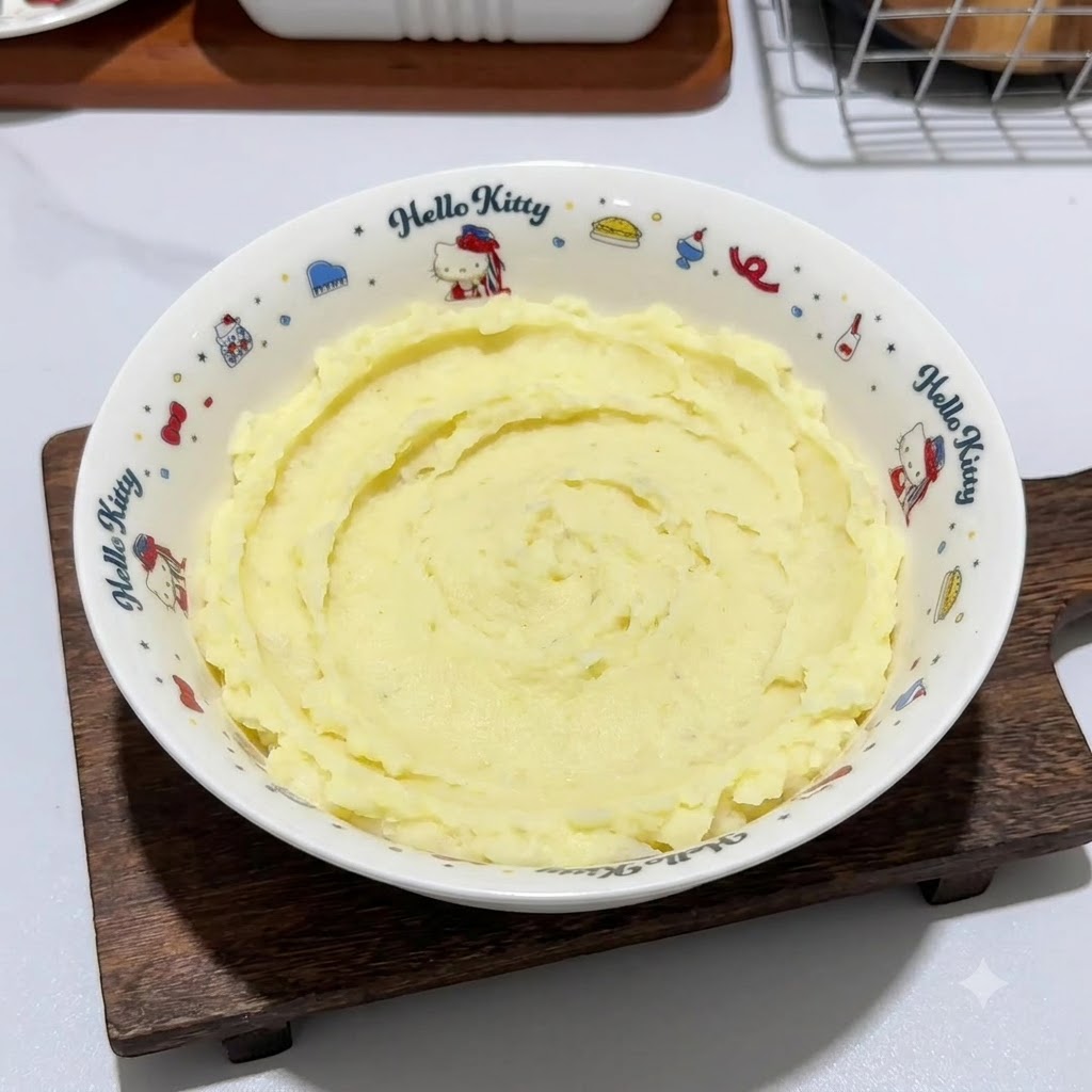 Morceaux de saucisse de jambon rose hachés et fécule de maïs blanche ajoutés à partir de petites assiettes blanches dans le bol de purée de pommes de terre.