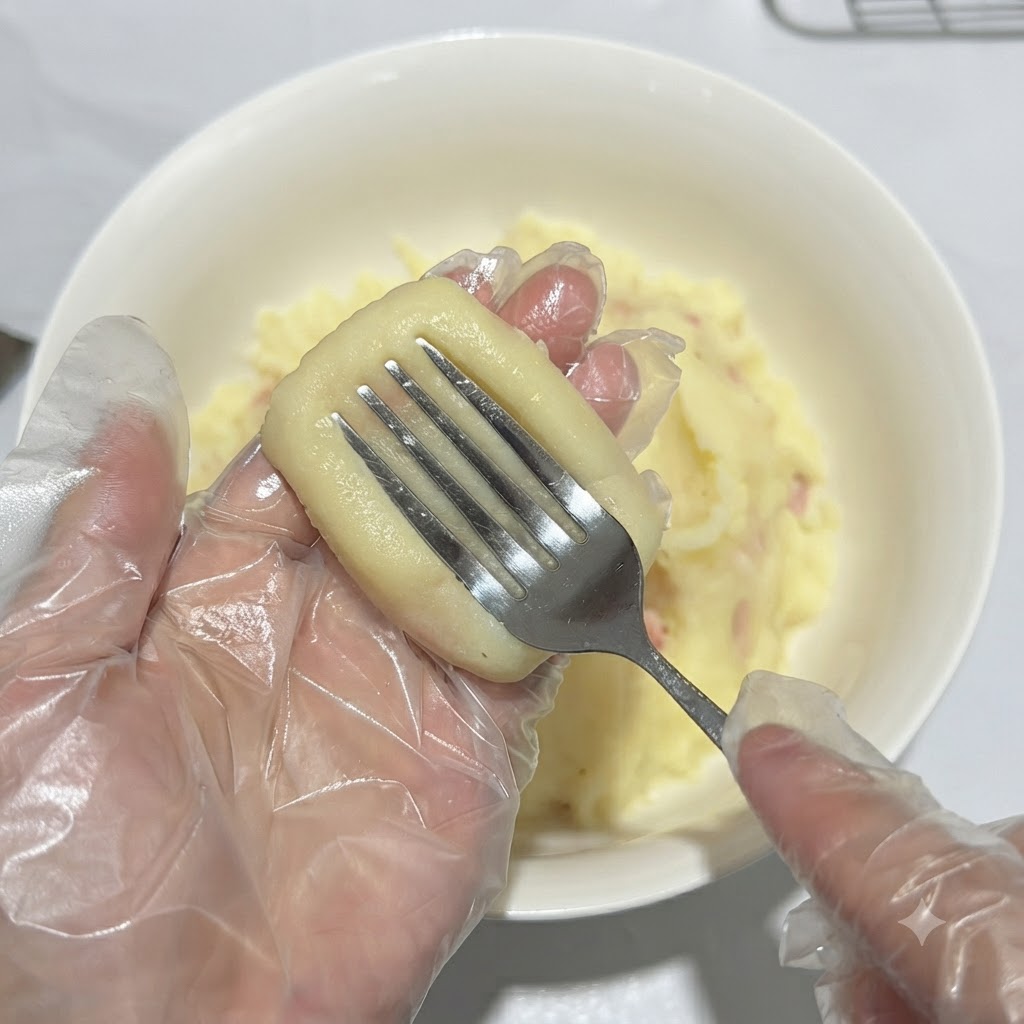Une fourchette appuyant délicatement sur la galette de pommes de terre rectangulaire pour créer des entailles en bandes.